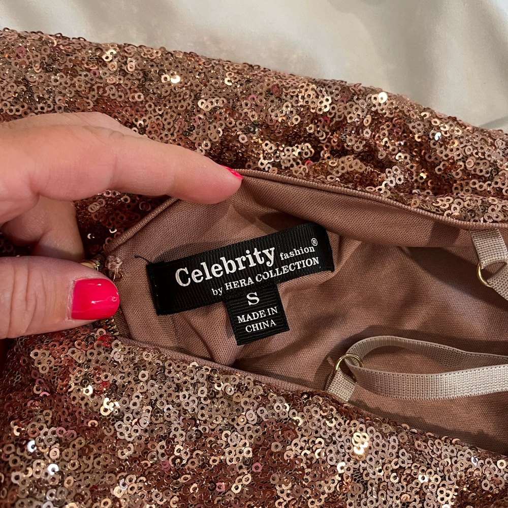celebrity fashion/ hera collection mini rose gold sequin dress